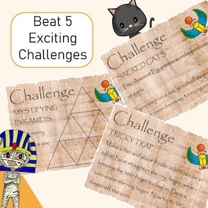 K&ouml;nnte beinhalten: F&uuml;nf illustrierte Karten mit braunem Pergament-Hintergrund und einer schwarzen Katze, die &uuml;ber den Rand schaut. Jede Karte tr&auml;gt den Titel "Challenge" und eine andere &auml;gyptisch-thematische Herausforderung. Die Herausforderungen sind "Mystifizierende Pyramiden", "Heilige Katzen", "Trickreiche Falle", "Der Fluch der Mumie" und "Der Schatz des Pharaos".