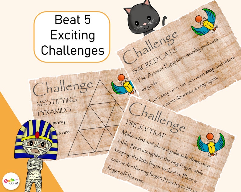 K&ouml;nnte beinhalten: F&uuml;nf illustrierte Karten mit braunem Pergament-Hintergrund und einer schwarzen Katze, die &uuml;ber den Rand schaut. Jede Karte tr&auml;gt den Titel "Challenge" und eine andere &auml;gyptisch-thematische Herausforderung. Die Herausforderungen sind "Mystifizierende Pyramiden", "Heilige Katzen", "Trickreiche Falle", "Der Fluch der Mumie" und "Der Schatz des Pharaos".