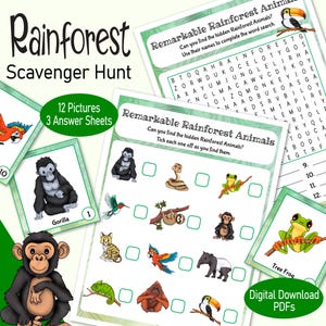 Peut inclure: Une activit&eacute; de chasse au tr&eacute;sor de la for&ecirc;t tropicale imprimable pour les enfants. L'ensemble comprend 12 cartes d'images avec des animaux de la for&ecirc;t tropicale, 3 feuilles de r&eacute;ponses et un mot crois&eacute;. Les animaux comprennent un ara, un gorille, une grenouille arboricole, un toucan, un paresseux, et plus encore.