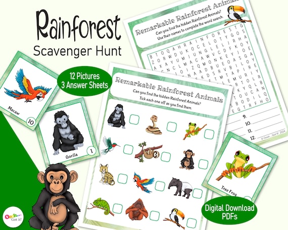 Rainforest Animal Scavenger Hunt – A Printable Jungle Wildlife Picture Game for Kids, Perfect for Wild One Parties, Classrooms or Family Fun