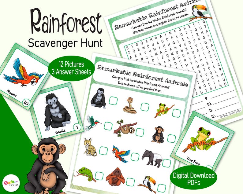 Peut inclure: Une activit&eacute; de chasse au tr&eacute;sor de la for&ecirc;t tropicale imprimable pour les enfants. L'ensemble comprend 12 cartes d'images avec des animaux de la for&ecirc;t tropicale, 3 feuilles de r&eacute;ponses et un mot crois&eacute;. Les animaux comprennent un ara, un gorille, une grenouille arboricole, un toucan, un paresseux, et plus encore.