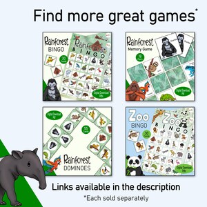 Peut inclure: Un collage de cinq cartes de jeux t&eacute;l&eacute;chargeables num&eacute;riquement sur le th&egrave;me de la for&ecirc;t tropicale et du zoo. Les cartes comprennent des jeux de bingo, de m&eacute;moire et de dominos. Chaque carte a un design color&eacute; avec des illustrations d'animaux et de plantes.