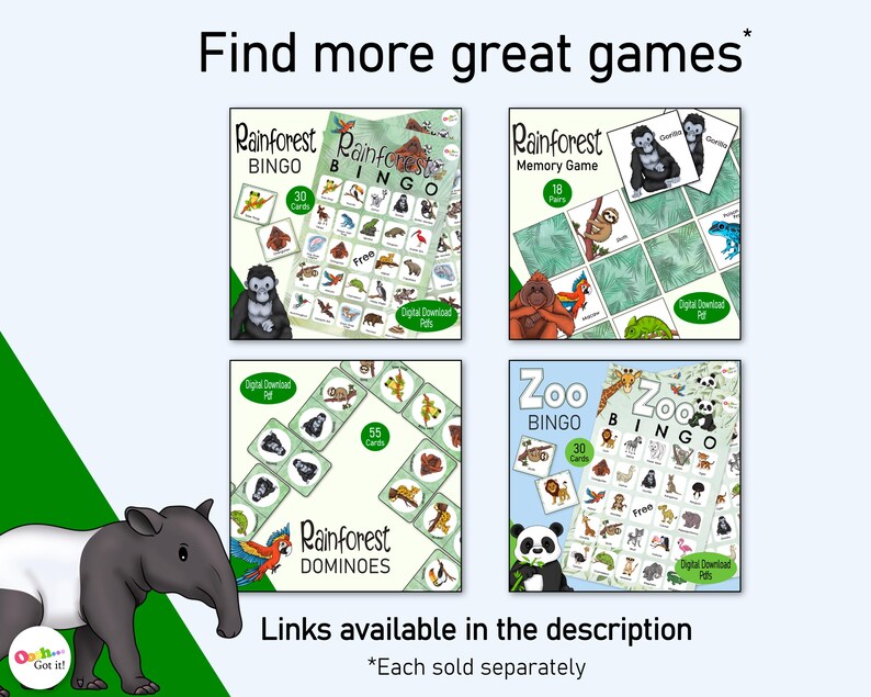 Peut inclure: Un collage de cinq cartes de jeux t&eacute;l&eacute;chargeables num&eacute;riquement sur le th&egrave;me de la for&ecirc;t tropicale et du zoo. Les cartes comprennent des jeux de bingo, de m&eacute;moire et de dominos. Chaque carte a un design color&eacute; avec des illustrations d'animaux et de plantes.