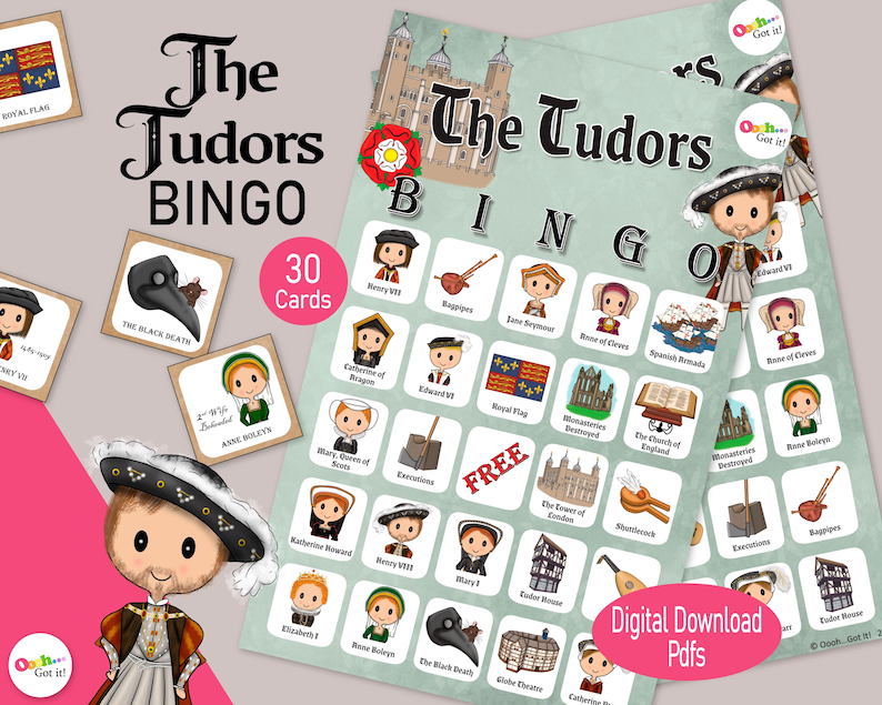 The Tudors Bingo, a British History game featuring Henry VIII & his Six Wives, a printable party game, kids activity or classroom resource image 1