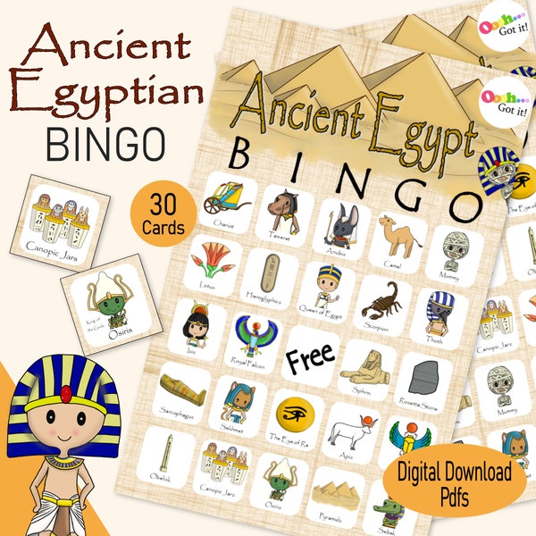 Ancient Egyptian Bingo Cards, a printable mummy party game, kids activity, or rainy day game, for tweens, family night or classroom activity