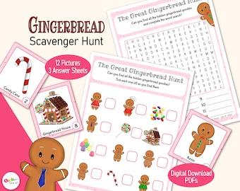 Könnte beinhalten: Ein rosa-weißes, druckbares Lebkuchen-Schnitzeljagd-Spiel mit 12 Bildern und 3 Antwortbögen. Das Spiel beinhaltet ein Lebkuchenhaus, einen Zuckerstock, einen Lebkuchenmann und ein Suchwort-Puzzle. Der Text auf dem Spiel lautet "The Great Gingerbread Hunt".