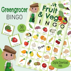 Obst & Gemüse Bingo Karten, ein Gemüsehändler, Farmers Markt druckbares Spiel für Sommer Garten Party, Familien Geburtstag Aktivität, Klassenzimmer Kit