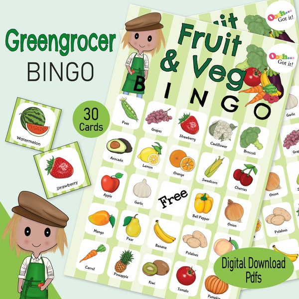 Fruit & Vegetable Bingo Cards, a Greengrocer, Farmers Market printable game for summer garden party, family birthday activity, classroom kit