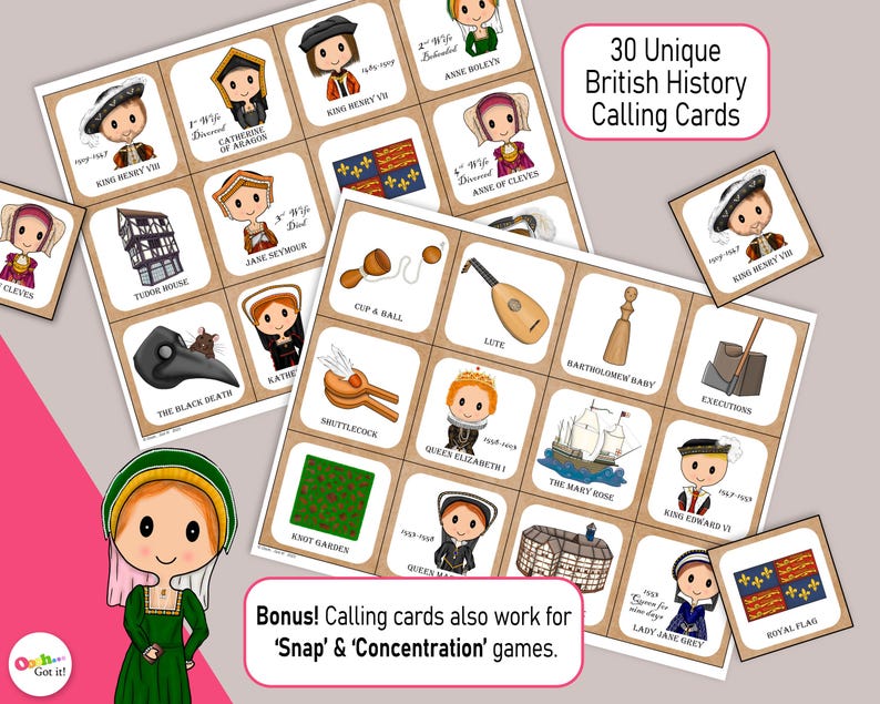 The Tudors Bingo, a British History game featuring Henry VIII & his Six Wives, a printable party game, kids activity or classroom resource image 4