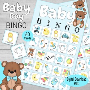 Bingo pour baby shower, 60 cartes de bingo préremplies imprimables, pour une baby shower, une fête d'adoption ou une révélation de genre, joli jeu de famille ours en peluche