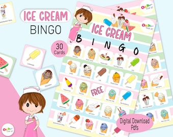 Eis Bingo, ein druckbares süßes Partyspiel, Sommerspaß für Kinder, ein Familienspiel für einen Geburtstag im Juli, Pyjama-Party oder Strandurlaubsspiel