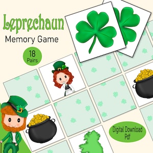 Juego de cartas de memoria del Día de San Patricio, un juego de combinación de imágenes de duendes imprimible, para niños pequeños y niños, un juego para el aula preescolar o familiar