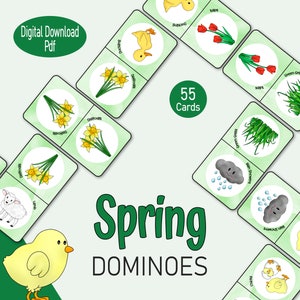 Domino primaverili: un divertente gioco di abbinamento stampabile per bambini, perfetto per attività primaverili, istruzione parentale, aule e serate di giochi in famiglia!