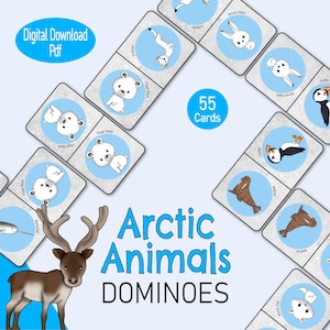 Dominó de animais do Ártico, um jogo de imagens para crianças para imprimir, um brinde de festa do país das maravilhas do inverno ou sala de aula educacional com neve, jogo de cartas para pré-escola