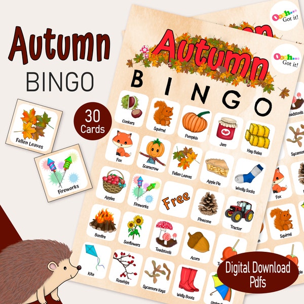 Autumn Bingo Cards, a Fall printable kids activity, a September birthday party game, for Bonfire Night, Harvest Festival or Back to School