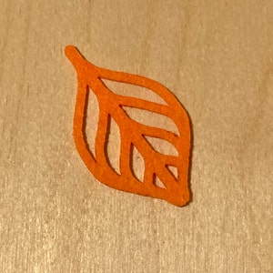 May include: An orange felt leaf with a cut-out design. The leaf is on a light brown background.