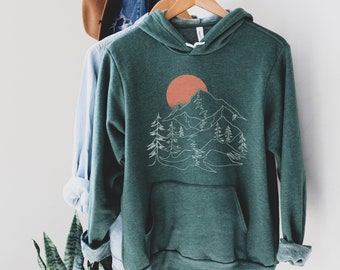 Mountain Line Art Hoodie | Mountain Sunset Sweater | Nature Lover Gift | Unisex & Eco-Friendly