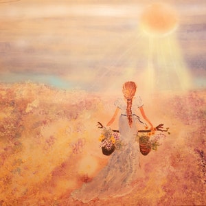 May include: A woman in a blue dress walks through a field of flowers towards a bright sun. The sky is a soft pink and orange, and the flowers are a variety of colors.