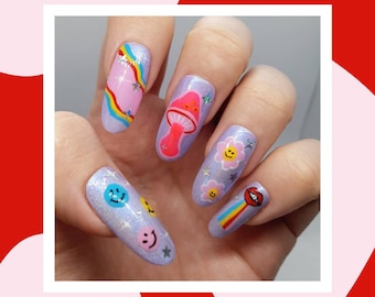 Trisha- Hand painted trippy, psychedelic press on nail set