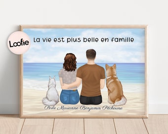 Affiche famille personnalisée | Portrait Famille Personnalisé | Illustration Personnalisée Couple avec Animaux