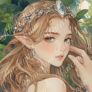 5 PNG fantasy female elf print set, elf princess digital art, whimsical elf junk journal pages, 8.5x11 size elf art page, commercial license