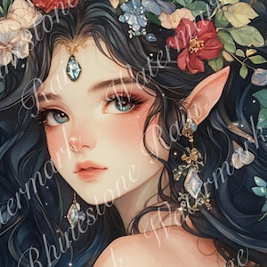 5 PNG fantasy female elf print set, elf princess digital art, whimsical elf junk journal pages, 8.5x11 size elf art page, commercial license