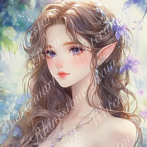 5 PNG fantasy female elf print set, elf princess digital art, whimsical elf junk journal pages, 8.5x11 size elf art page, commercial license