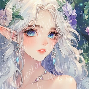 5 PNG fantasy female elf print set, elf princess digital art, whimsical elf junk journal pages, 8.5x11 size elf art page, commercial license