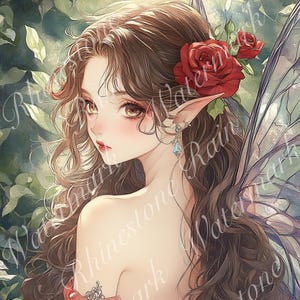 Red Rose Fairy PNG Prints: Whimsical Junk Journal Art (Commercial License) (Digital Download)