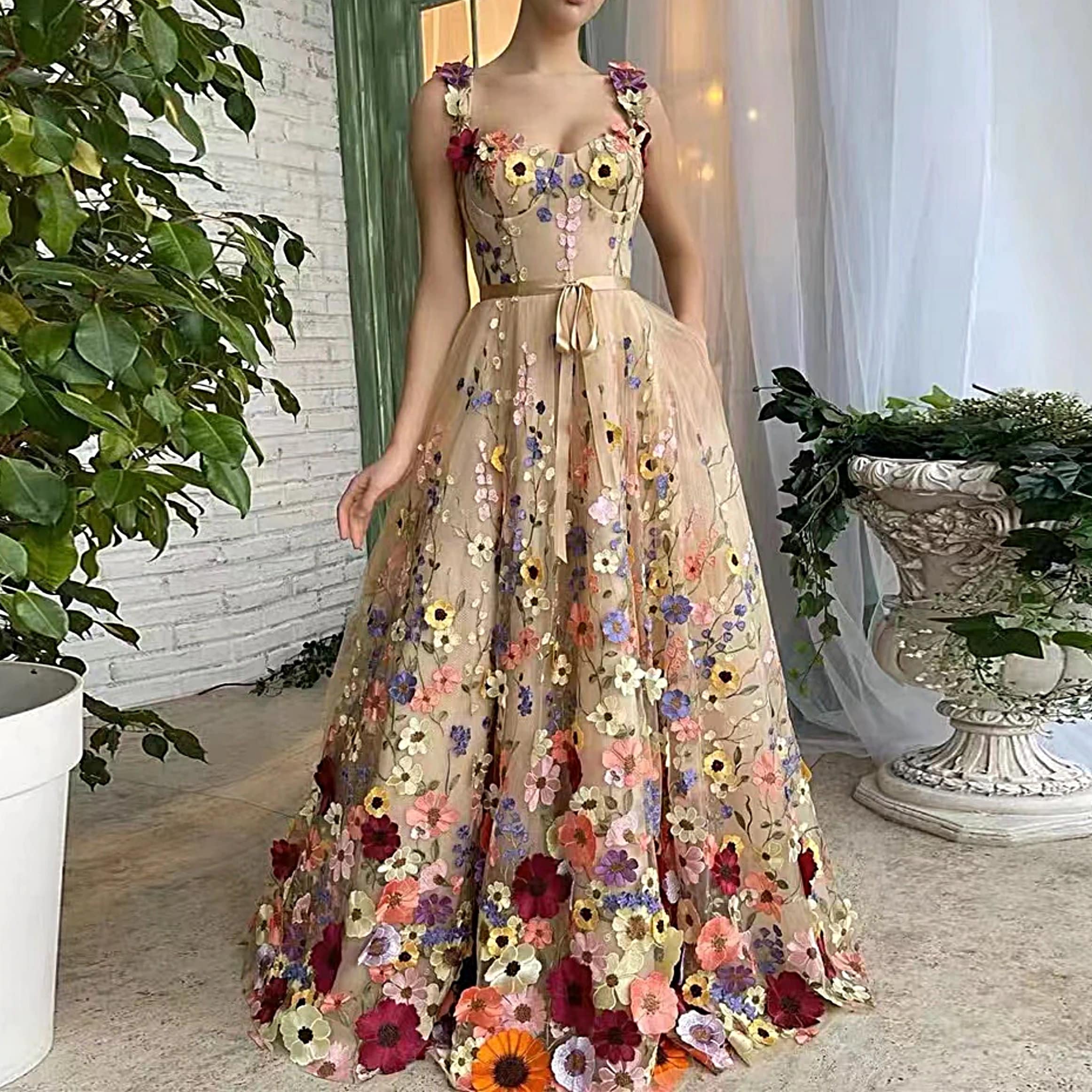 Flowers Evening Gowns Formal Party Dress With Pockets Prom Etsy