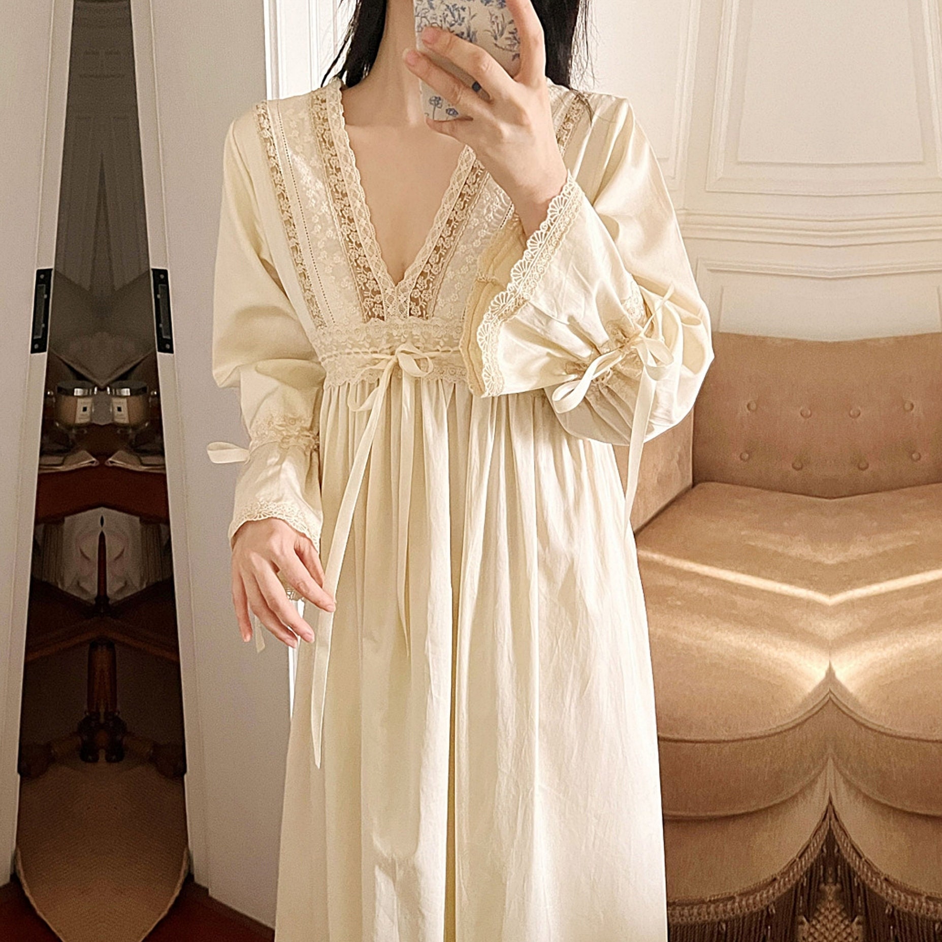 QIKEGooods 100% Cotton Victorian Nightgown Short-Sleeve Women Nightdress Pajamas Sleep Shirt 