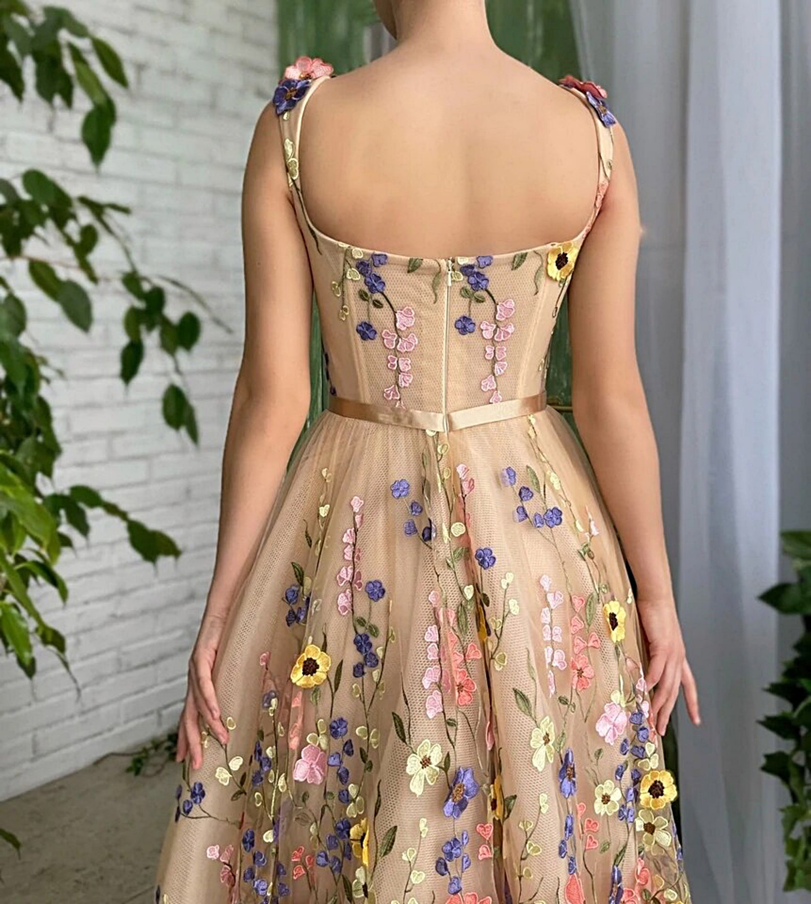 Flowers Evening Gowns Formal Party Dress With Pockets Prom Etsy