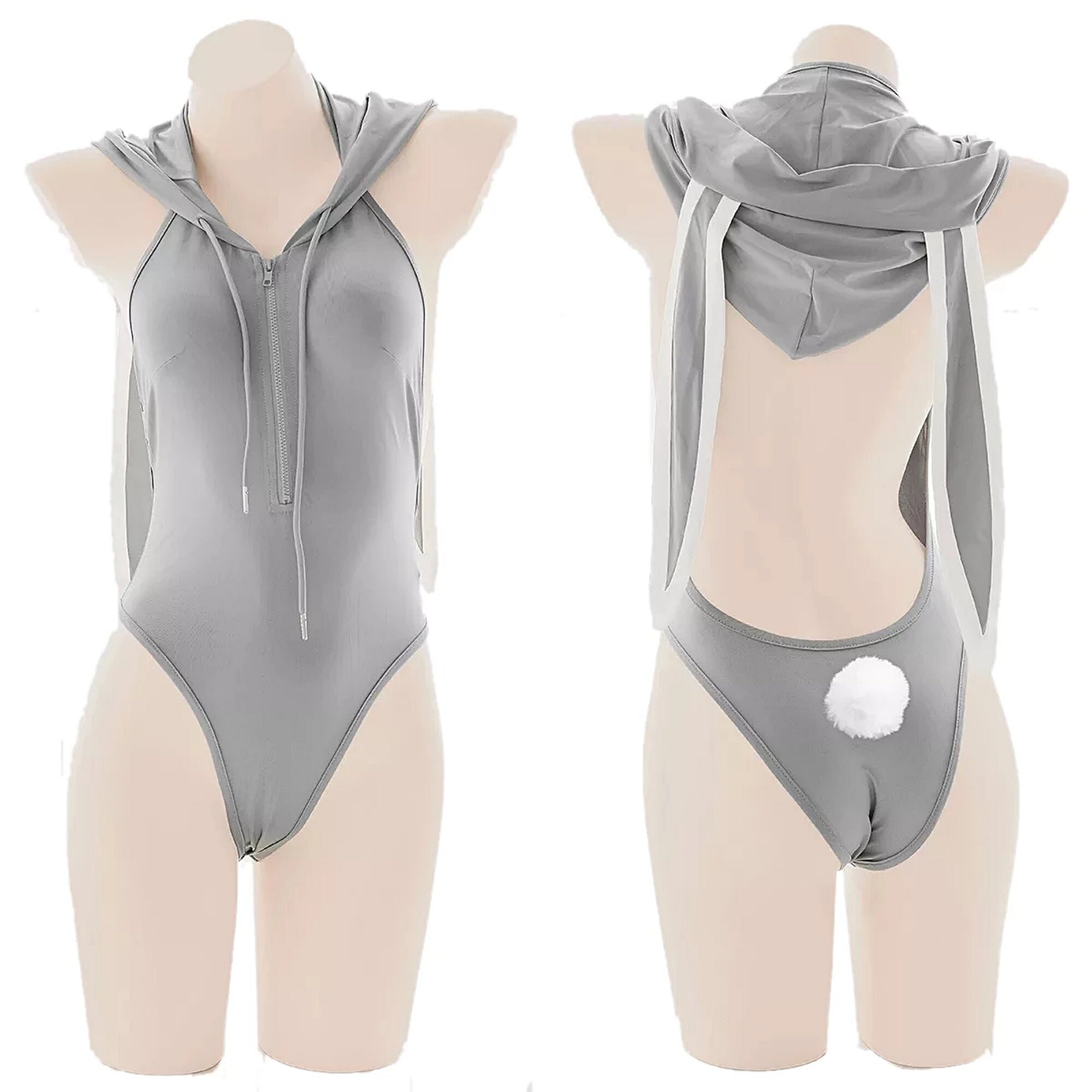 Rabbit anime cute girl - Bunny girl costumes - Gray hooded bodysuit - Lingerie costume women - Pajamas bunny cosplay