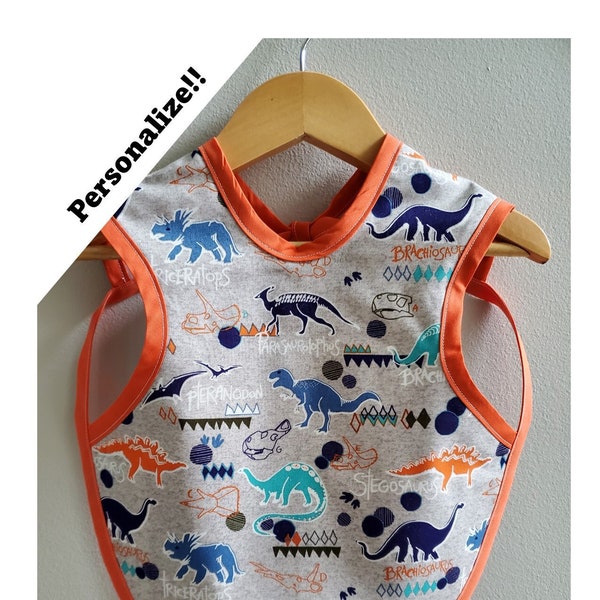 Bapron, Bib + Apron, Dinosaurs, Personalize, Baby Boy, Baby Shower Gift, Infant, Toddler, Flannel