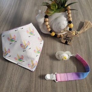 Pacifier Clip & Bandana Bib Set, Unicorns, Baby Shower Gift, Absorbent, Baby Girl, Drool Bib, Binky Clip, Baby Accessory