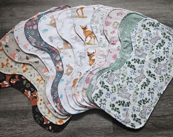 Flannel Burp Cloth: Woodland Prints, Foxes, Bunnies, Reversible Absorbent Baby Burp Rag