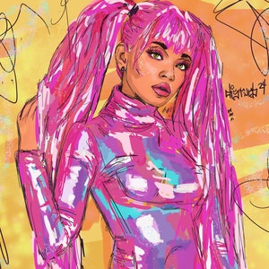 Digital Illustration of Pink-Haired Rave Girl | Vibrant Pink and Orange | Printable Artwork | Digital Download