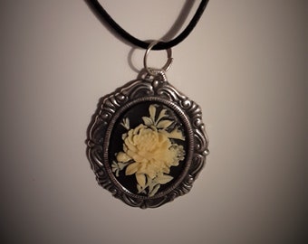 Floral Cameo Pendant: White Rose on Black