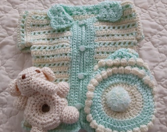 Mint Green and Yellow Baby Sweater Set (crochet)