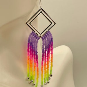 Neon beaded rainbow silver fringe earrings