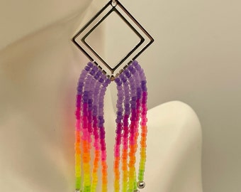 Neon beaded rainbow silver fringe earrings