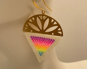 Brass boho rainbow beaded triangle earrings