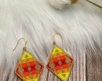 Northwest inspired Diamond Southwest brickstitch earrings sunset colors