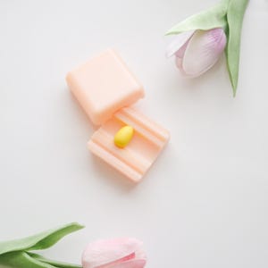 May include: A pink soap dish with a yellow bar of soap inside. The soap dish is open and the soap is visible. There are two pink tulips in the background.