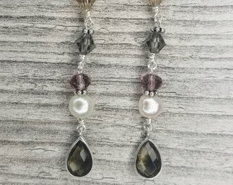 Smokey Quartz & Swarovski Earrings, Smokey Quartz Bezel Earrings, Handmade Earrings, Long Boho Earrings, Gift for Her, Sterling Silver