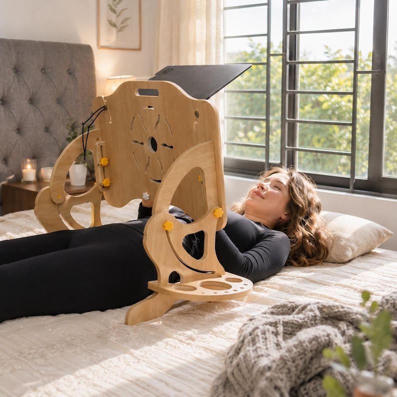 May include: A light-colored wooden adjustable laptop stand with a central circular cutout, side support arms, and yellow adjustment knobs. The stand features a flat surface for a device and a base with circular holes for holding small items.