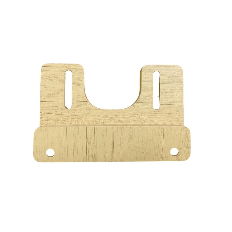 May include: A light brown wooden shelf bracket with two holes on the bottom and two slots on the sides. The bracket has a wood grain pattern.