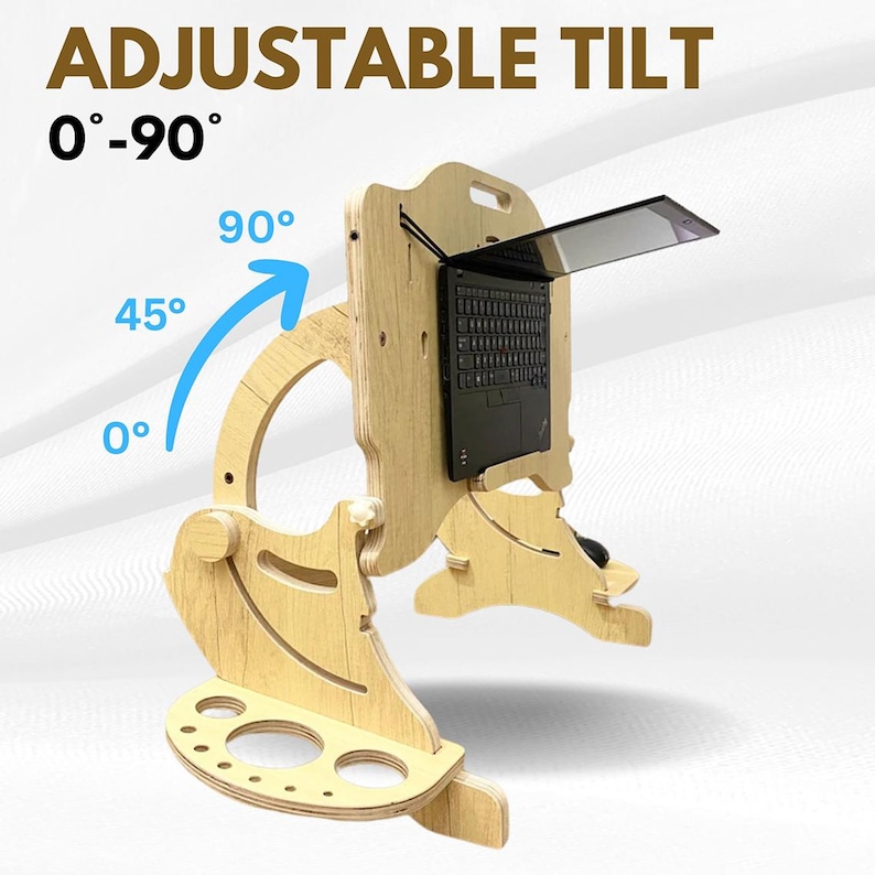 May include: A light-colored wooden laptop stand with an adjustable tilt mechanism ranging from 0 to 90 degrees. The stand features a flat surface for a laptop, a curved support structure, and a base with circular cutouts. Text reads ADJUSTABLE TILT 0-90.
