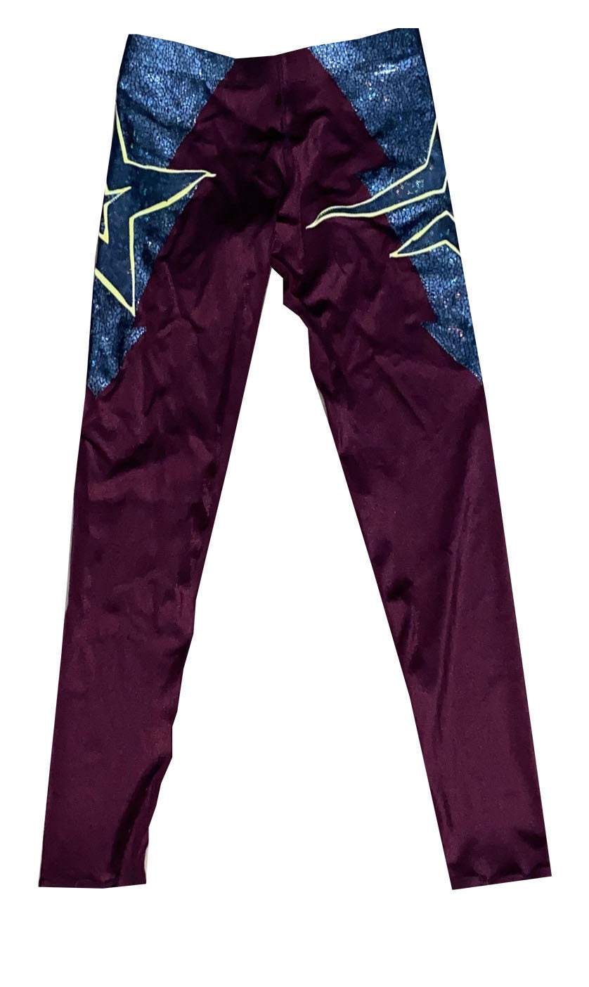 Pro Wrestling Gear Burgandy Long Tights With Black & Yellow Design