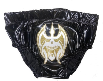 Pro Wrestling Gear - Black Wrestling Trunks - Black Glossy Gold and White Skull design Spandex Men’s Wrestling